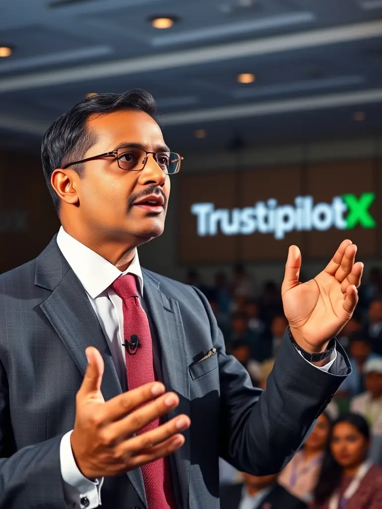 A photograph of a keynote speaker passionately addressing a large audience at a startup conference in Mumbai, India, with the TrustpilotX logo subtly displayed in the background.