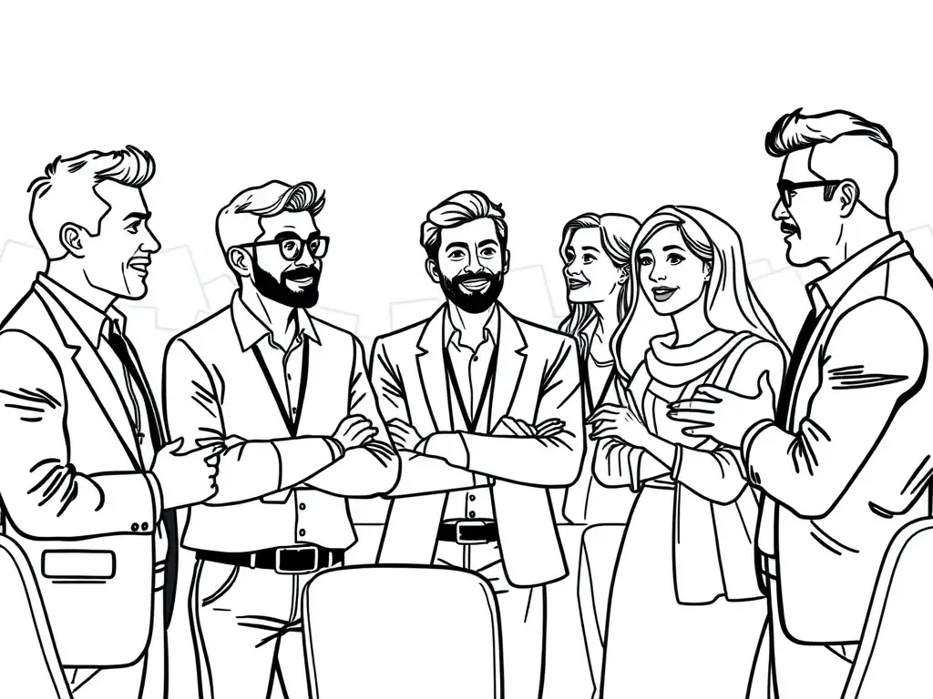 A vibrant image showcasing a diverse group of attendees networking at a trustpilotx.site conference in India, with modern startup booths in the background.