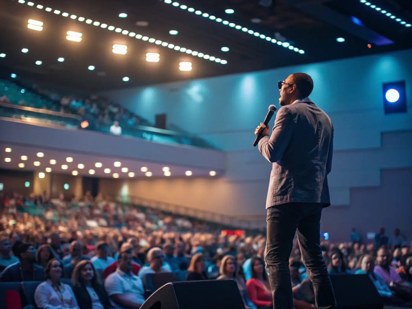 An image of a keynote speaker passionately addressing a large audience at a trustpilotx.site conference, highlighting the quality of speakers.