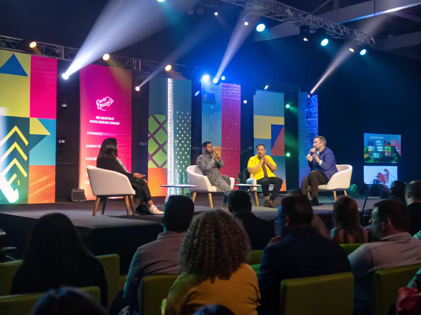 A dynamic image of a panel discussion in progress, featuring diverse speakers and an engaged audience, capturing the essence of collaborative learning and knowledge sharing.