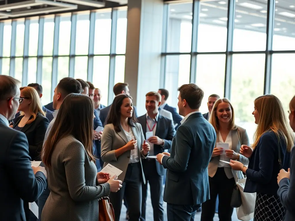 A candid shot of attendees networking during a coffee break at a startup conference in Delhi, India. People are exchanging business cards and engaging in animated conversations.